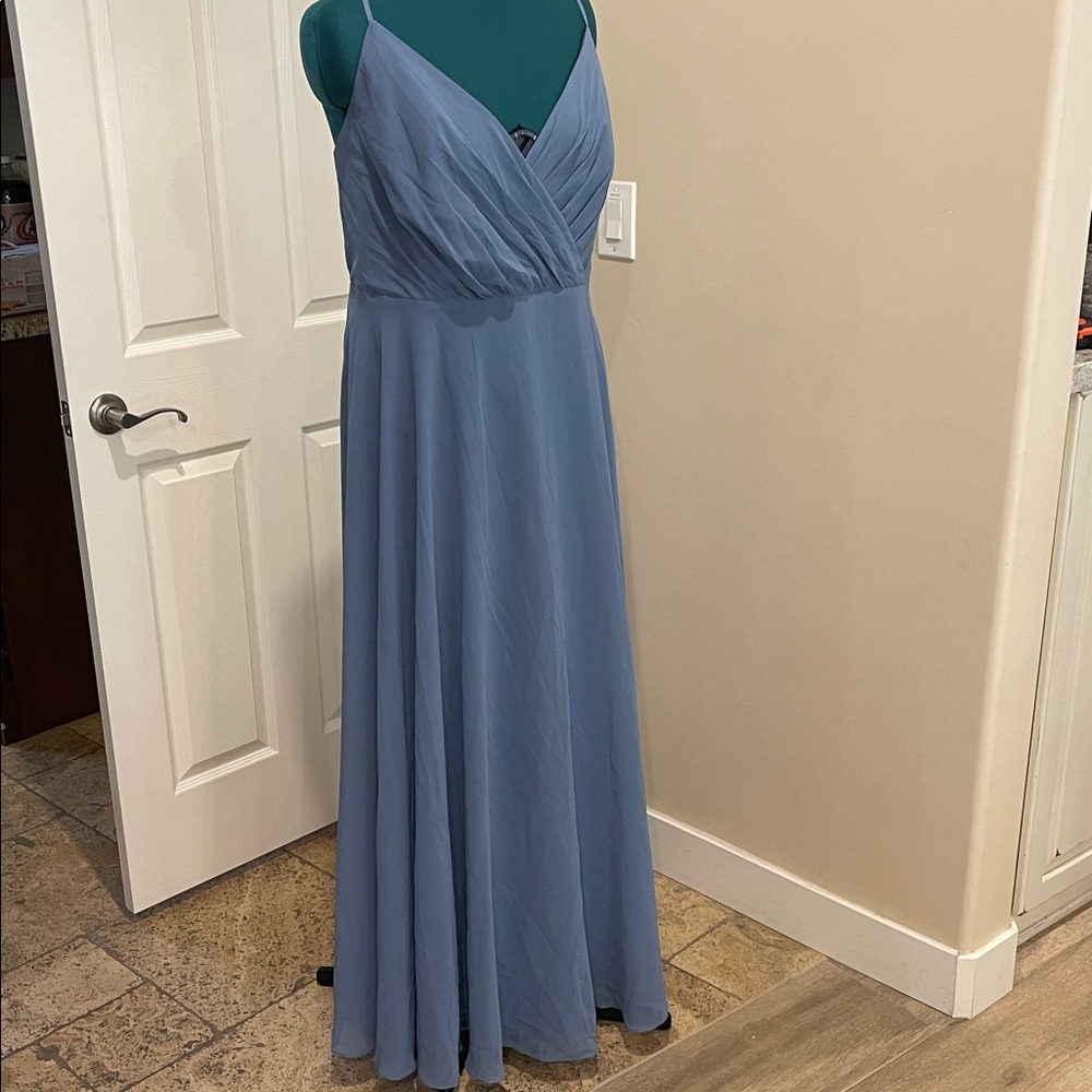 David’s Bridal SPAGHETTI STRAP FULL SKIRT Plus size 22 Gown Steel Blue - Picture 3 of 8